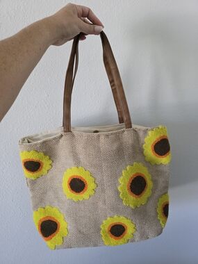 Beige Sunflower Tote Bag with Brown Handles